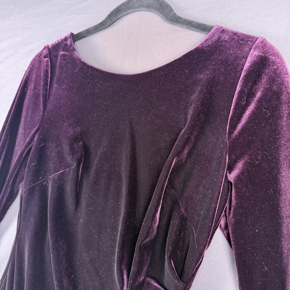 Vince Camuto 6 Sheath Dress Purple Velvet Ruched Long Sleeve Scoop Neck Knee